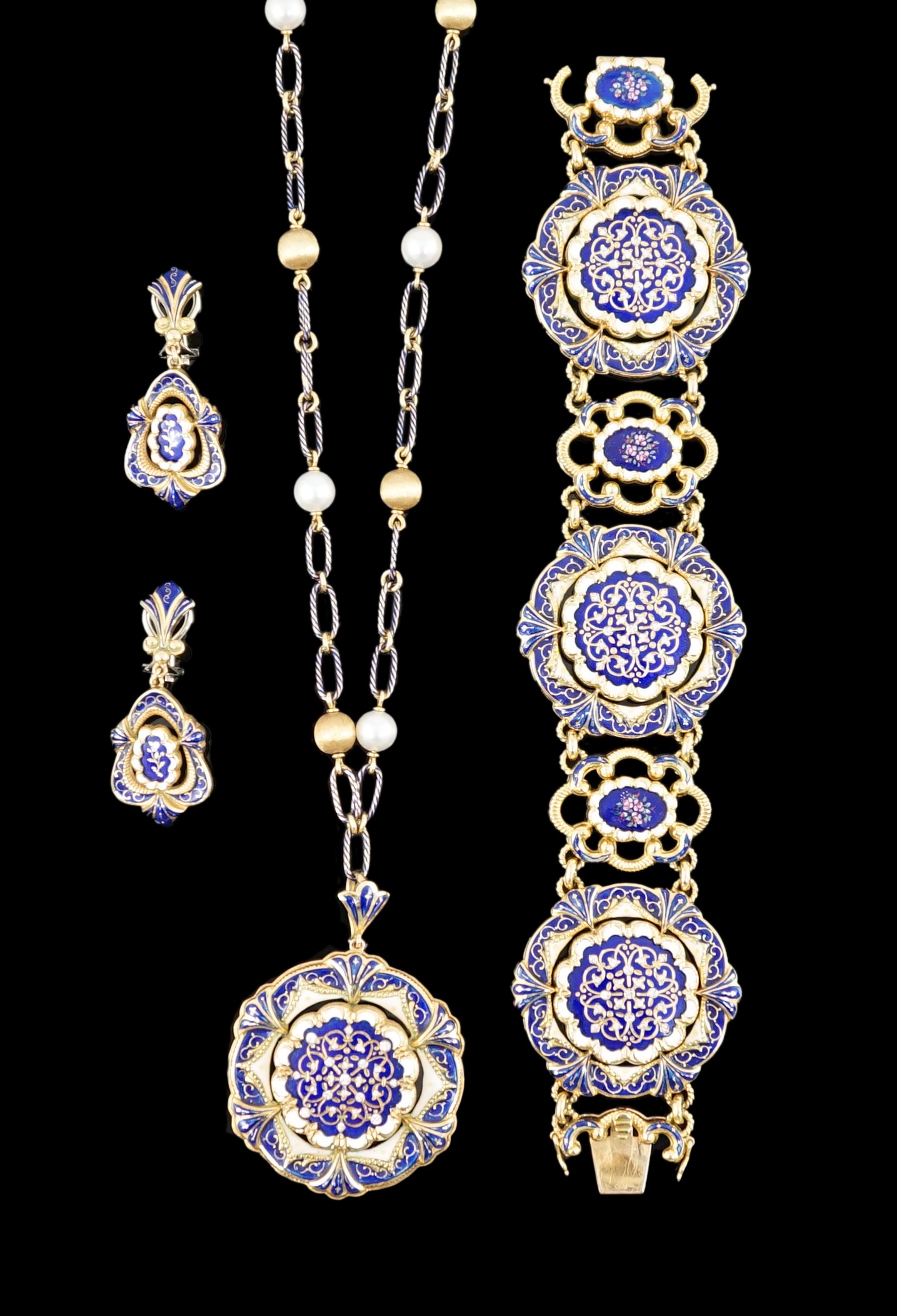 A late 19th century Swiss 18ct gold and polychrome enamelled suite of jewellery, retailed by E. Meister, Zurich